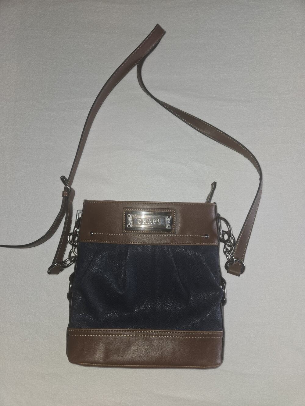 Chaps Brown And Black Faux Leather Crossbody Bag, Chain O ring Attachment